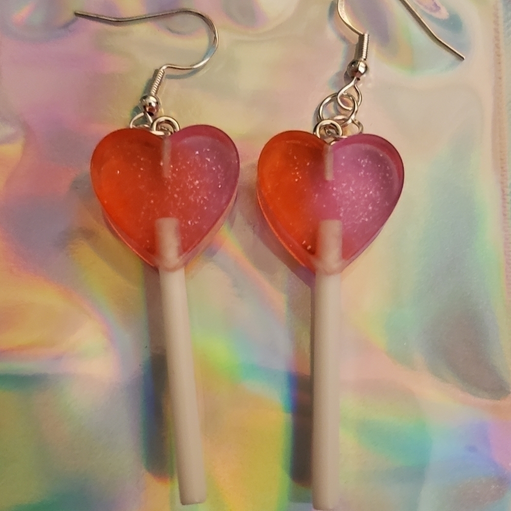 Handmade Pink Red Ombre Glitter Resin Heart Lollipop Dangle Earrings - Picture 4 of 4